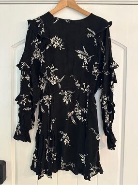 Sezane Black Floral Ruffle Long-Sleeve Mini Dress 38